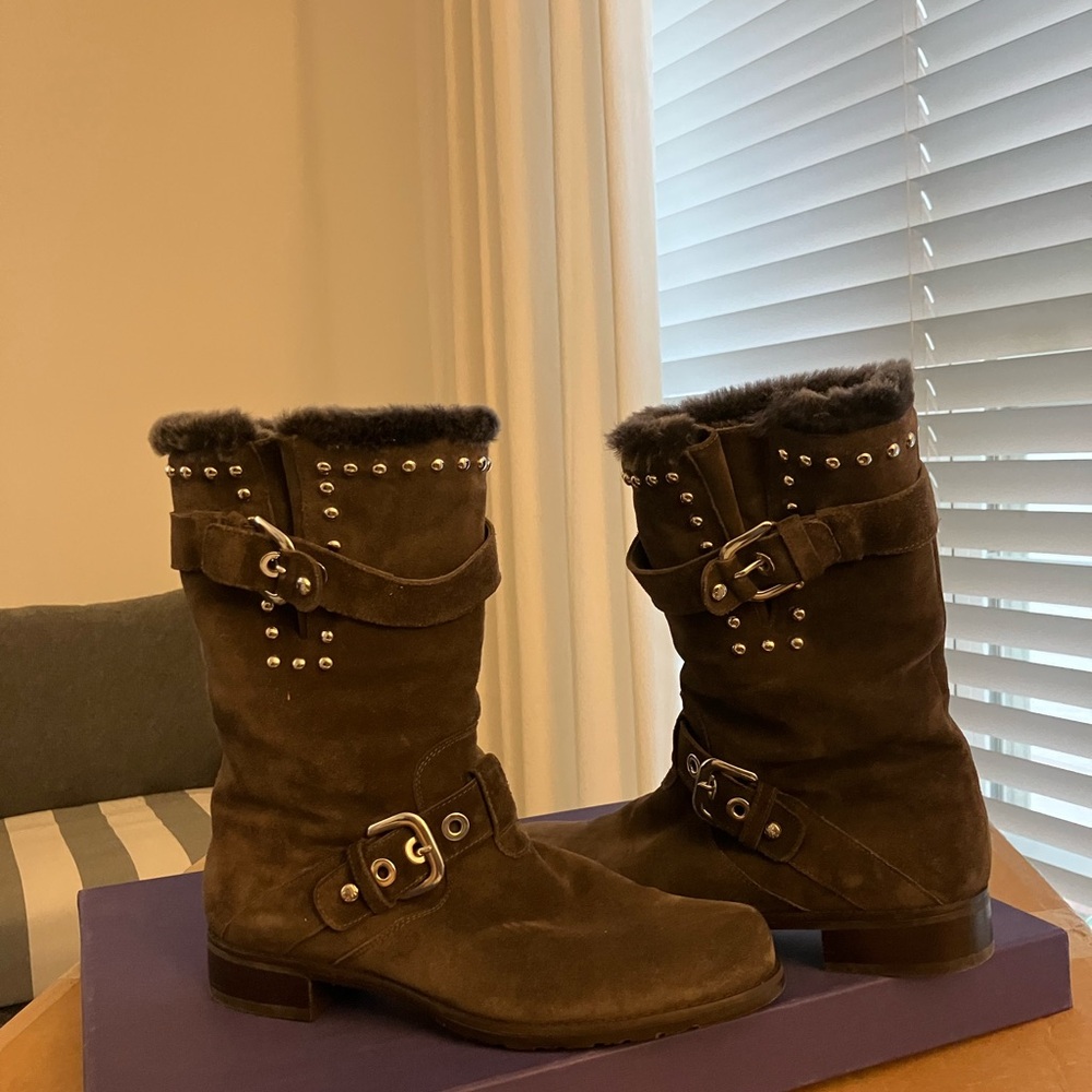 NEW Stock Stuart Weitzman Women's Studded Suede & Fur Brown Boots Size 8M $650